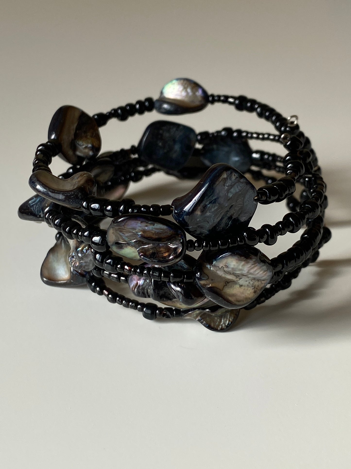 Vintage Y2K Black Beaded Wrap Bracelet with Shell Cabochon Stones Boho Statement Jewelry