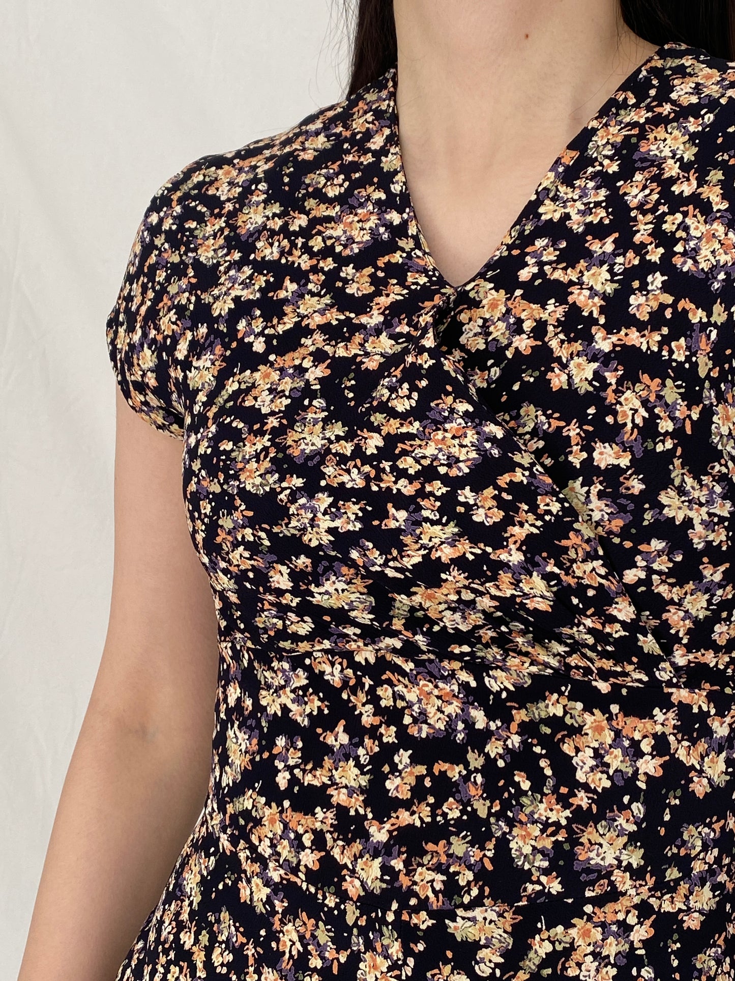 Vintage 90s Petite Sophisticate Black Floral Midi Dress with Tie Back - S