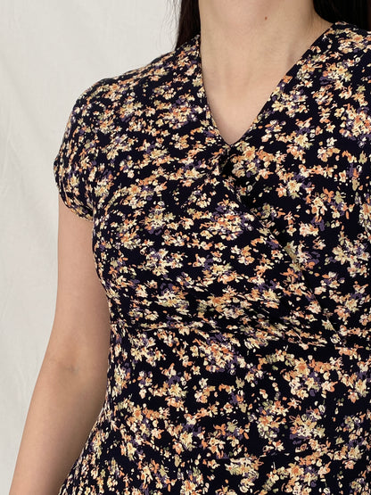 Vintage 90s Petite Sophisticate Black Floral Midi Dress with Tie Back - S