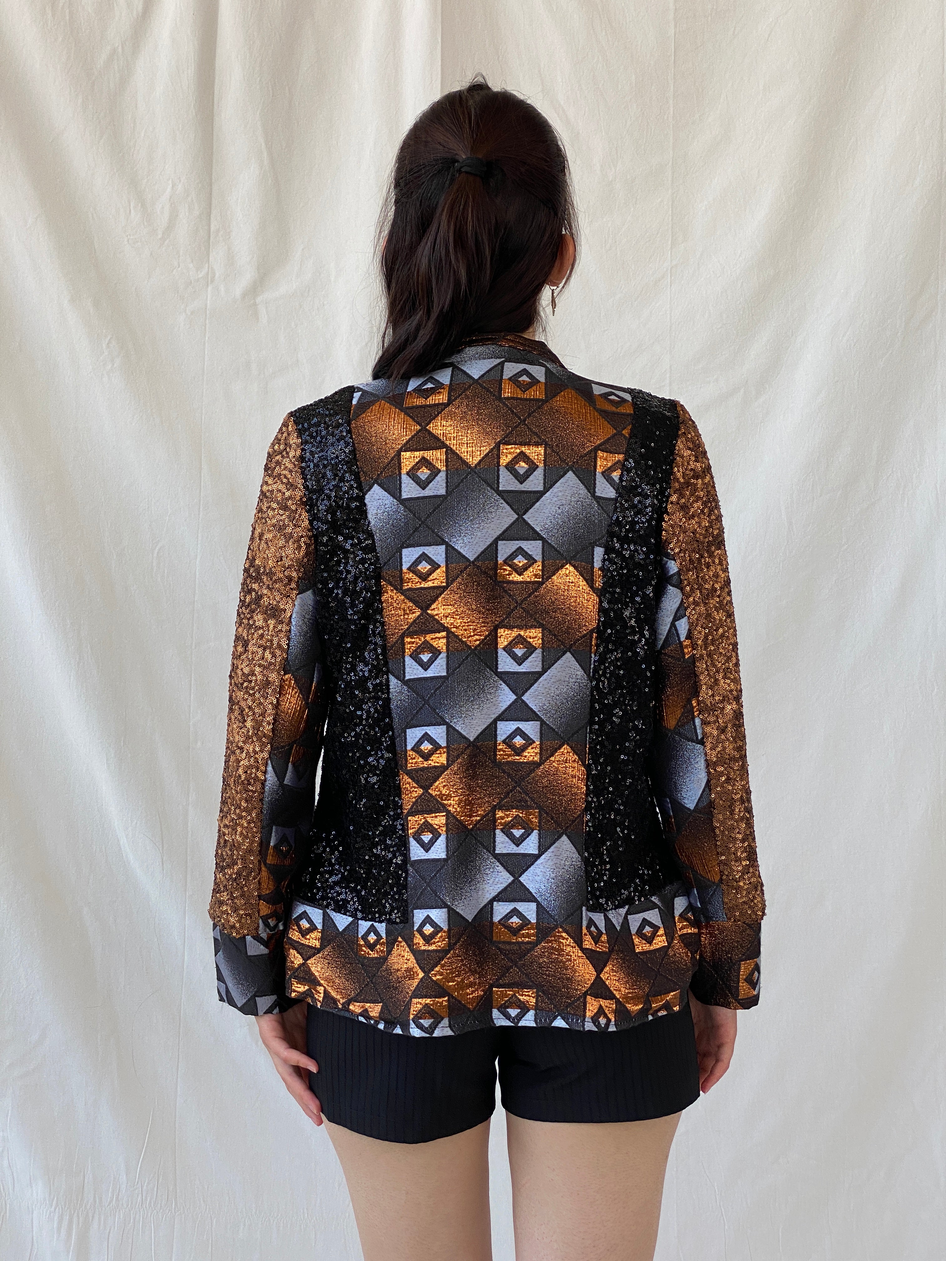 Vintage Geometric Sequin Blazer – Bronze, Black & Silver Statement Jacket - M