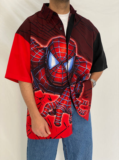 Vintage Y2K Spider-Man Graphic Button Up Red & Black Comic Shirt – L