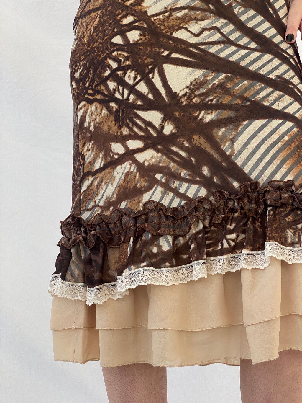 Insane Vintage 90s Per Una Brown Graphic Midi Dress with Ruffle and Lace Detailing - M