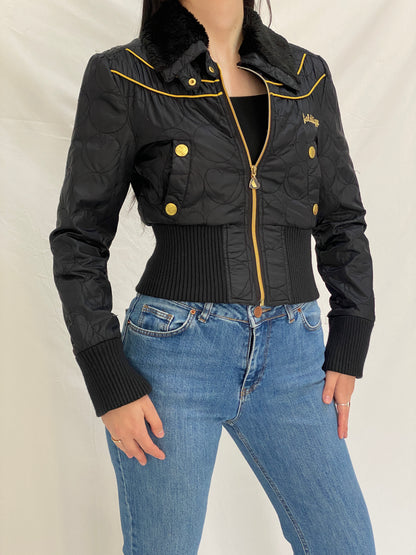 Y2K Core Golddigga Black Cropped Puffer Jacket Faux Fur Collar Gold Details - S