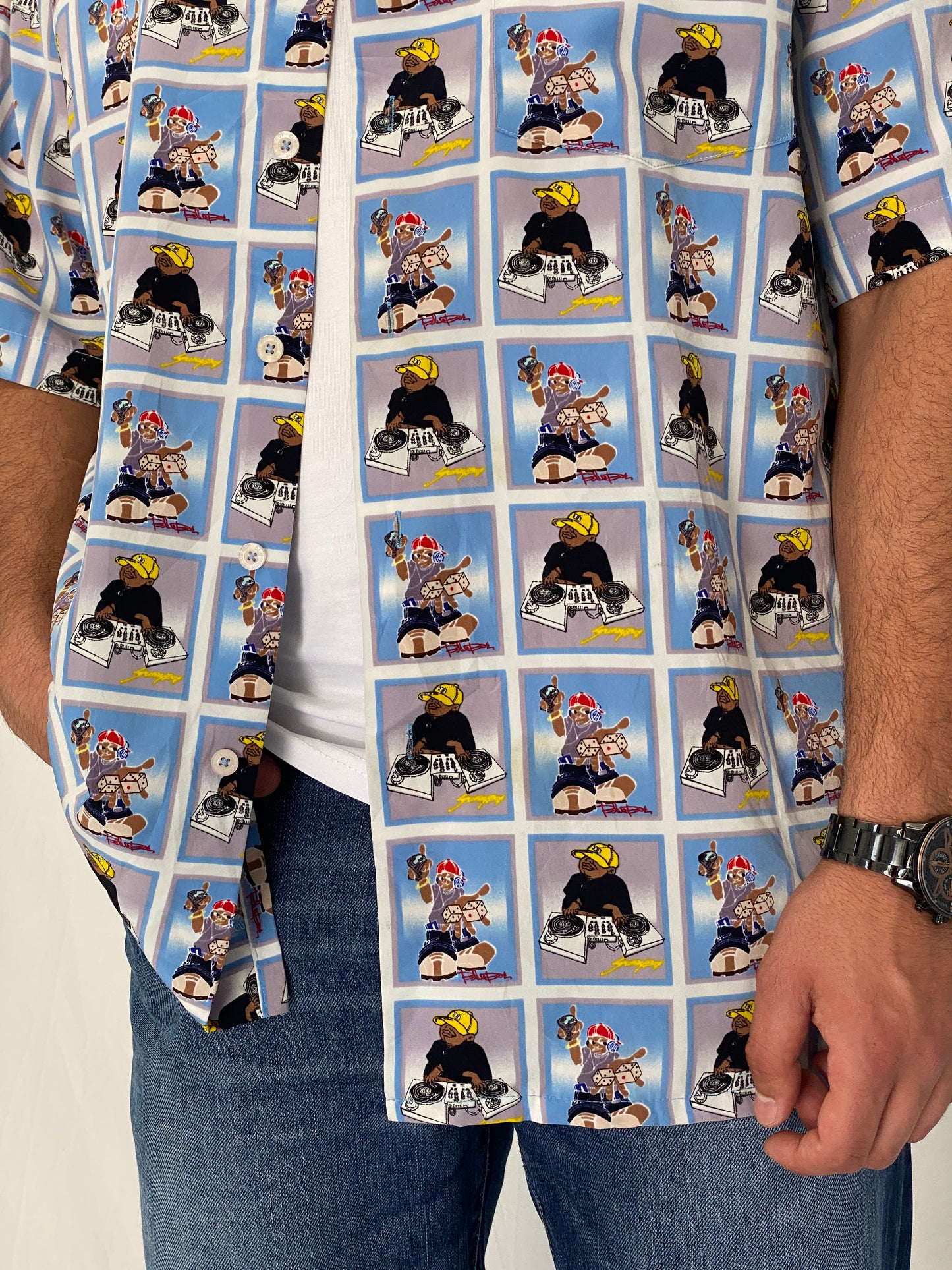 Y2K Blue Boy Hip-Hop Cartoon  Light Blue Graphic Shirt – L