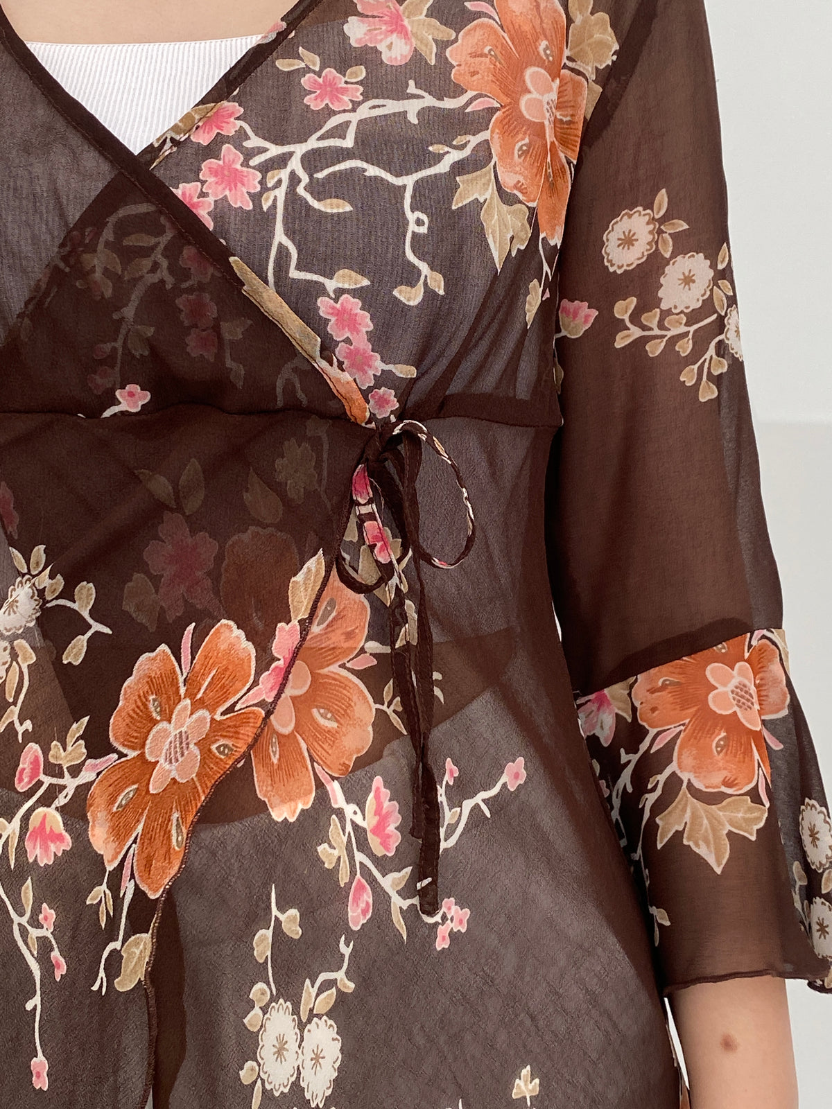 Y2K Une Mode Pour Moi Brown Sheer Floral Wrap Tunic Top – M