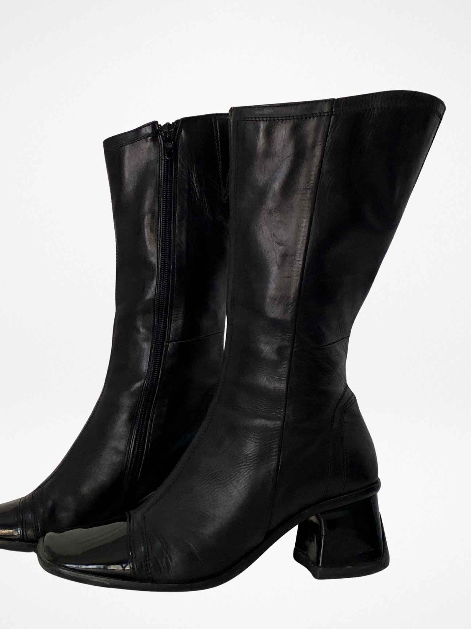 Vintage JOA Italian Black Leather Patent Block Heel & Square Toe Mid-Calf Boots - 36EU