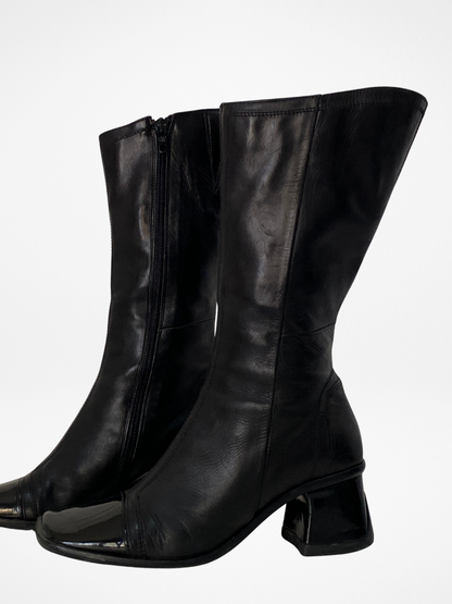 Vintage JOA Italian Black Leather Patent Block Heel & Square Toe Mid-Calf Boots - 36EU