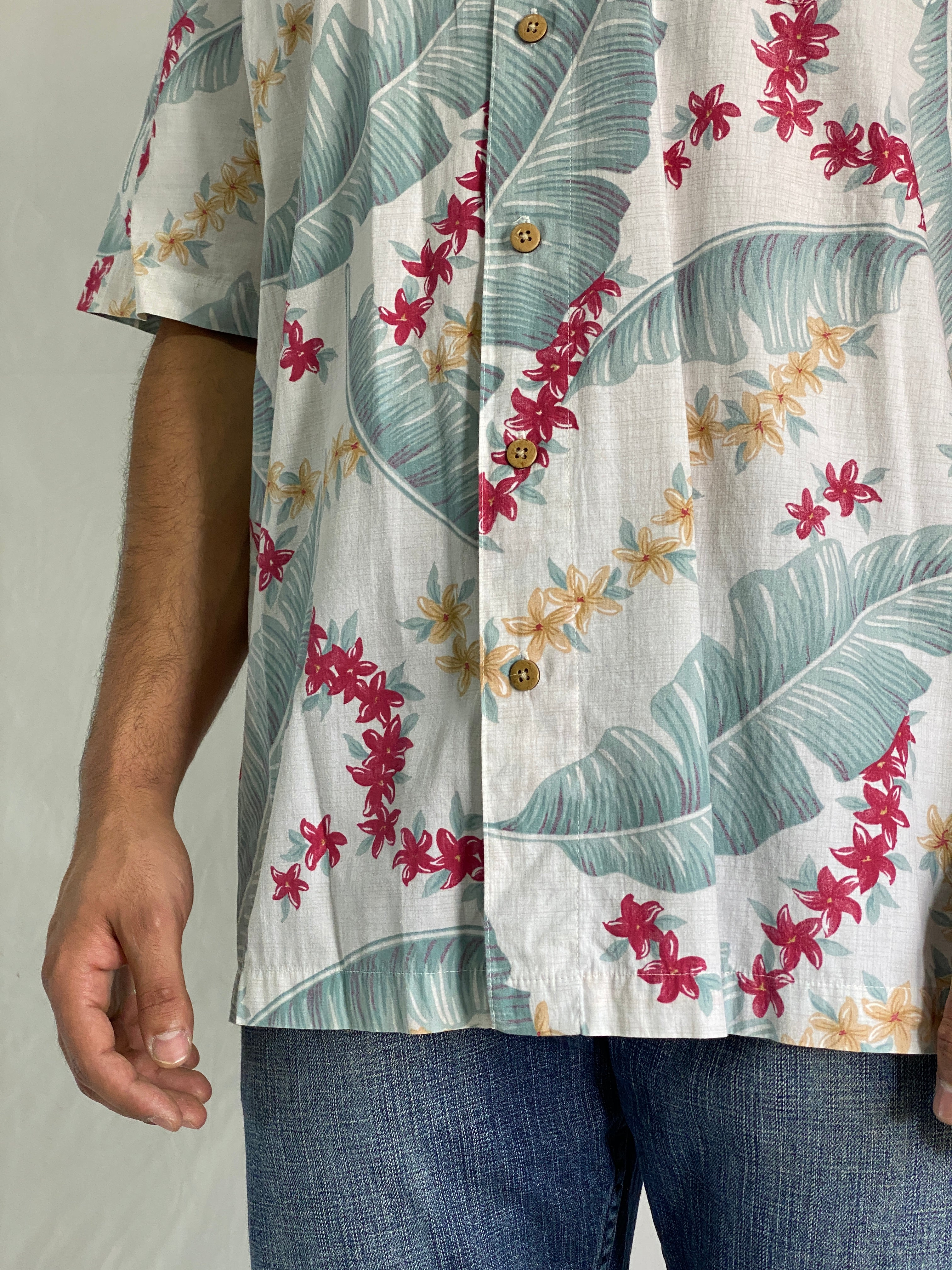 Vintage Batik Bay Reverse Print Cotton Hawaiian Shirt With Tropical Floral Design - XL