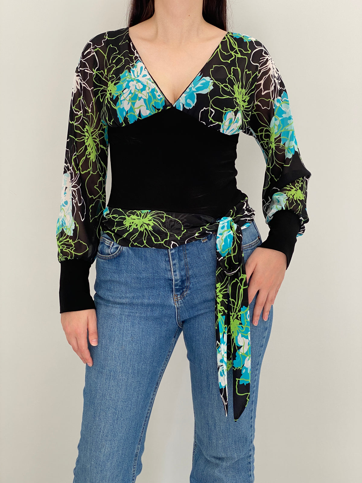 Vintage Y2K Co-me Como Black Floral Sheer Wrap Tie Top - M