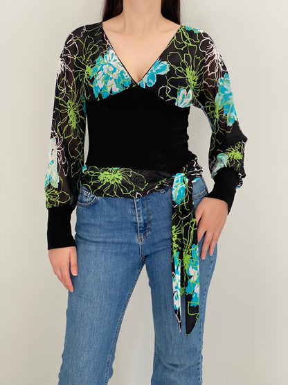 Vintage Y2K Co-me Como Black Floral Sheer Wrap Tie Top - M