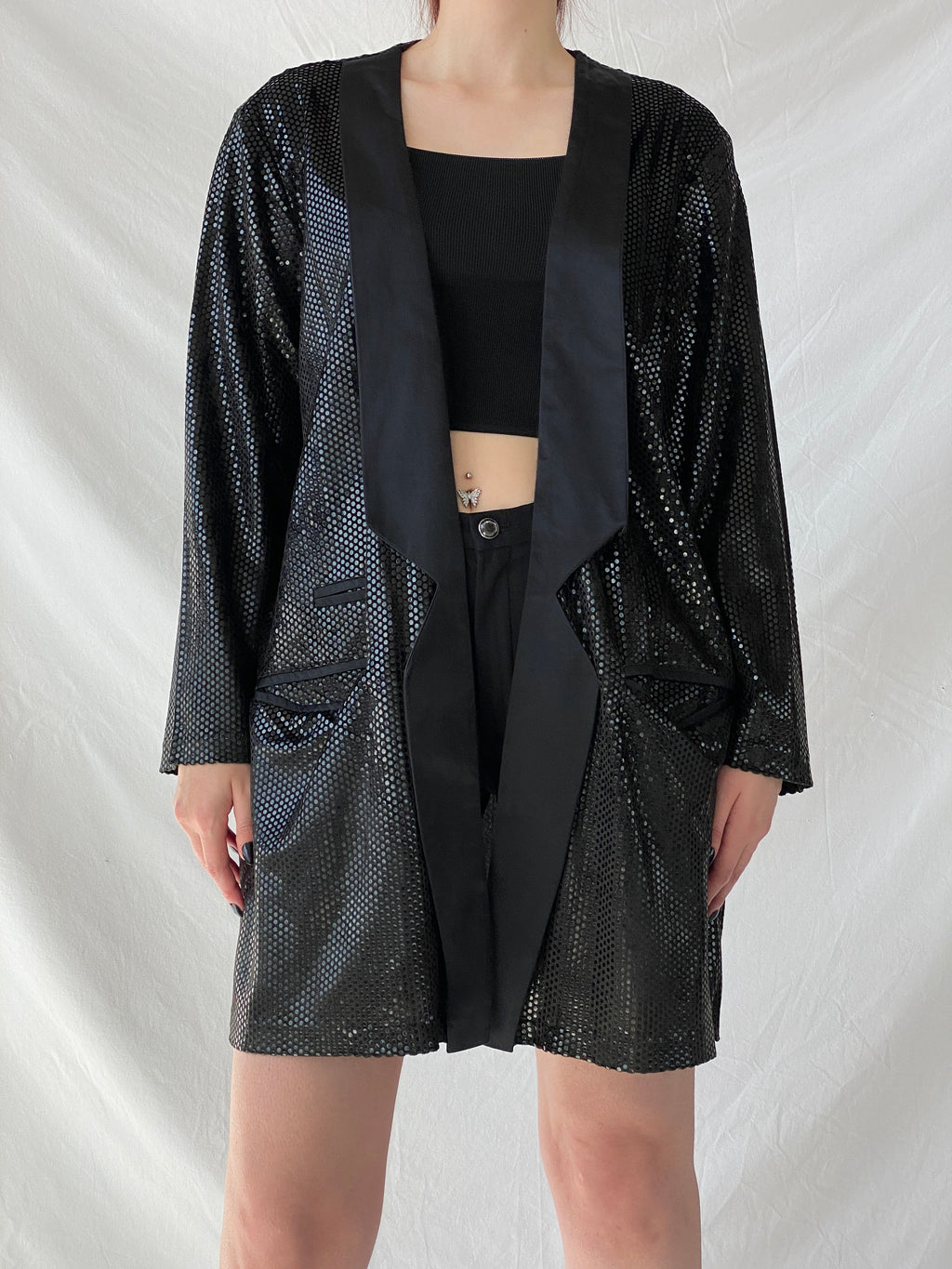 Vintage 90s GENG Sequin Party Long Women’s Blazer with Satin Trim - XL