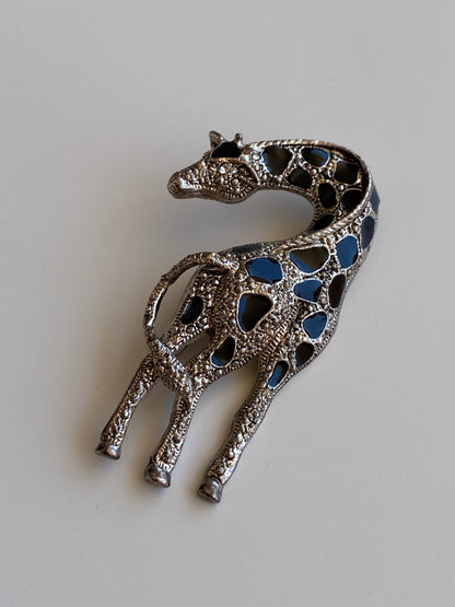 Vintage Silver-Tone Black Enamel & Rhinestone Giraffe Brooch