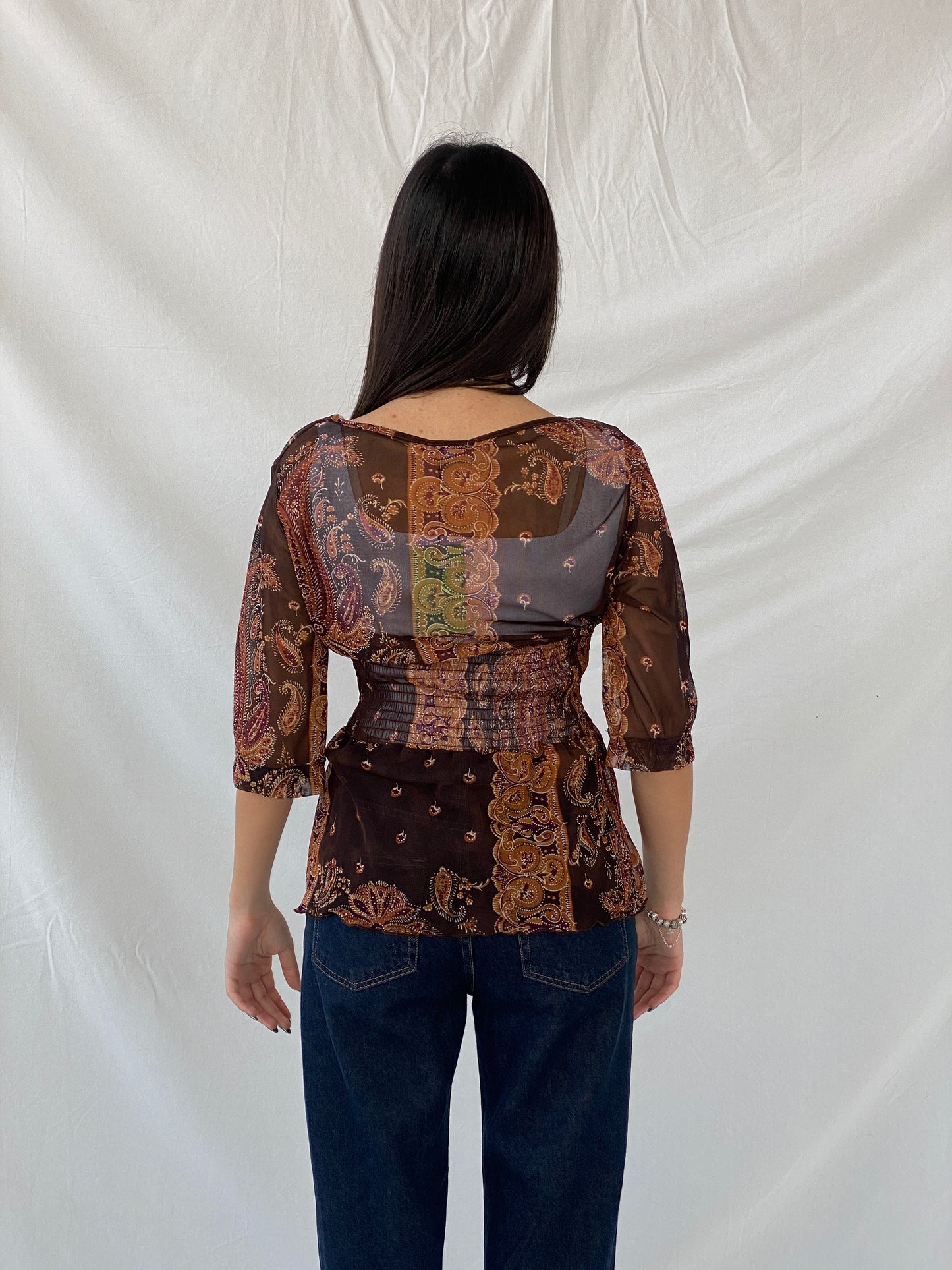 Y2K SAVIDA Brown Paisley Print Sheer Scrunched Waist Top - L