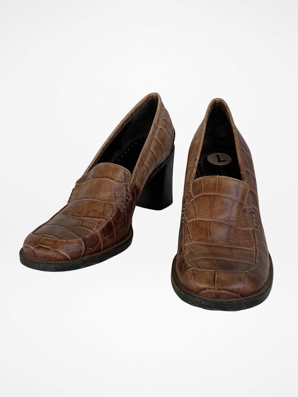 Vintage Kenneth Cole Made in Italy Genuine Leather Croc-Embossed Brown Heeled Loafers - Size 37.5EU