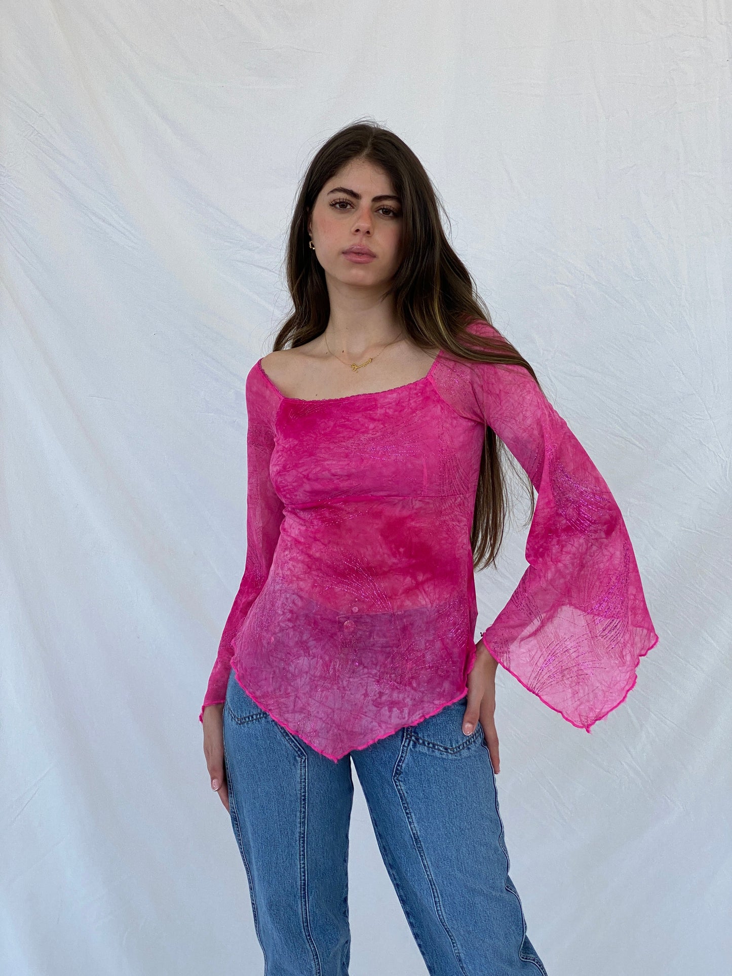 Beautiful Vintage 90s Orsay Bell Sleeve Fairy Glittery Pink Top - S