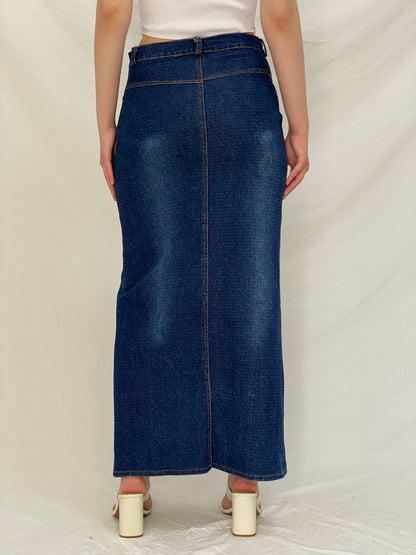 Vintage Y2K Stretch Denim Maxi Skirt Blue Belted Jean Skirt – M