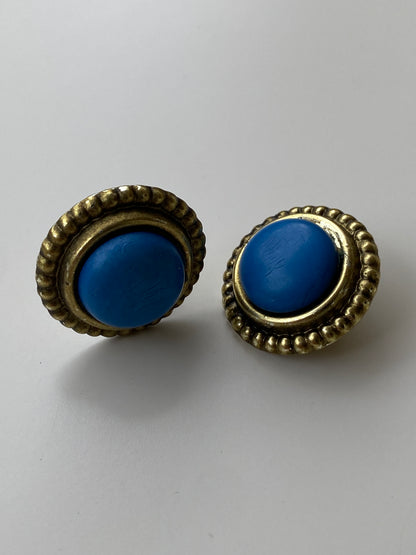 Vintage Blue Cabochon & Antiqued Brass Beaded Rim Clip-On Earrings
