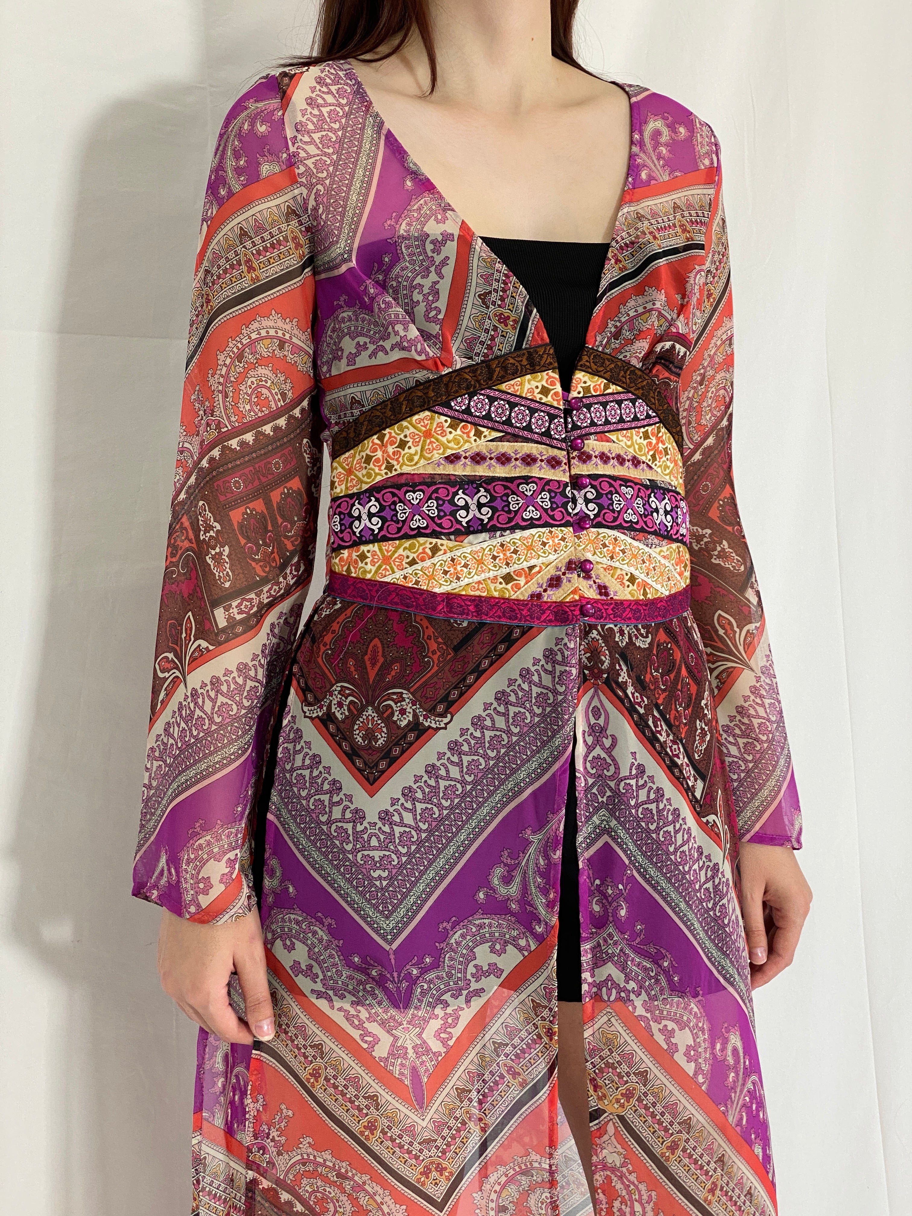 Vintage Mazzie Gold by Meghan Noland Boho Sheer Maxi Dress Top with Festival Print & Side Slits – M