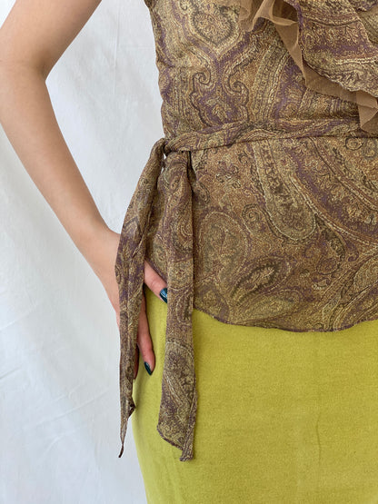 Lauren by Ralph Lauren Brown Paisley Ruffle-Trim Wrap Blouse - L
