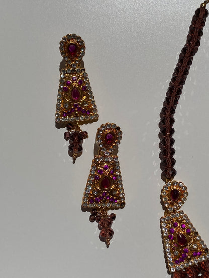 Vintage Jewellery Set Triple Strand Amethyst Crystal Bead Necklace with Rhinestone Gold Earrings