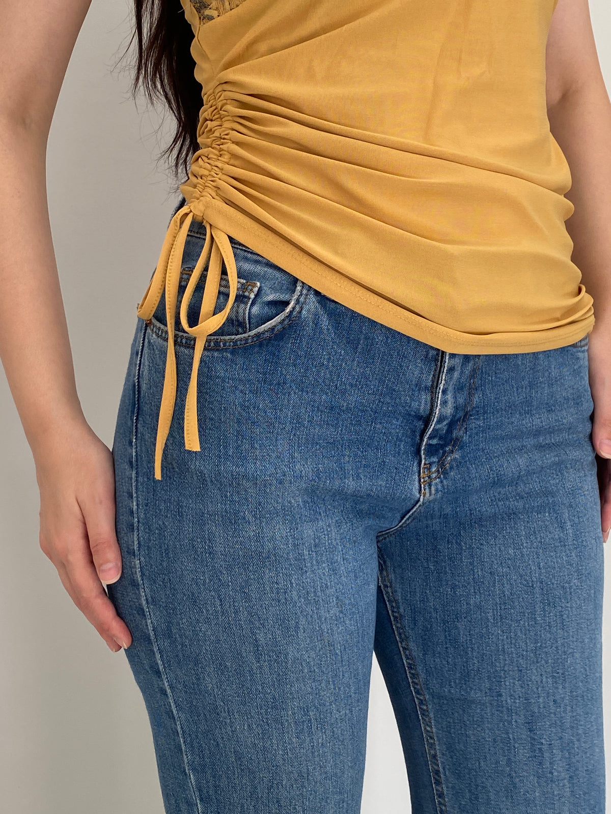 Y2K Vogue by Lemoncola Mustard Lace Ruched Halter Top – XL