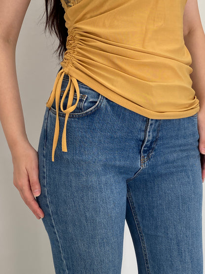 Y2K Vogue by Lemoncola Mustard Lace Ruched Halter Top – XL