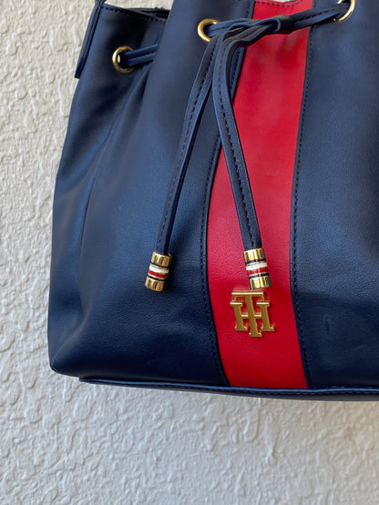 Tommy Hilfiger Navy Blue & Red Drawstring Bucket Shoulder Bag