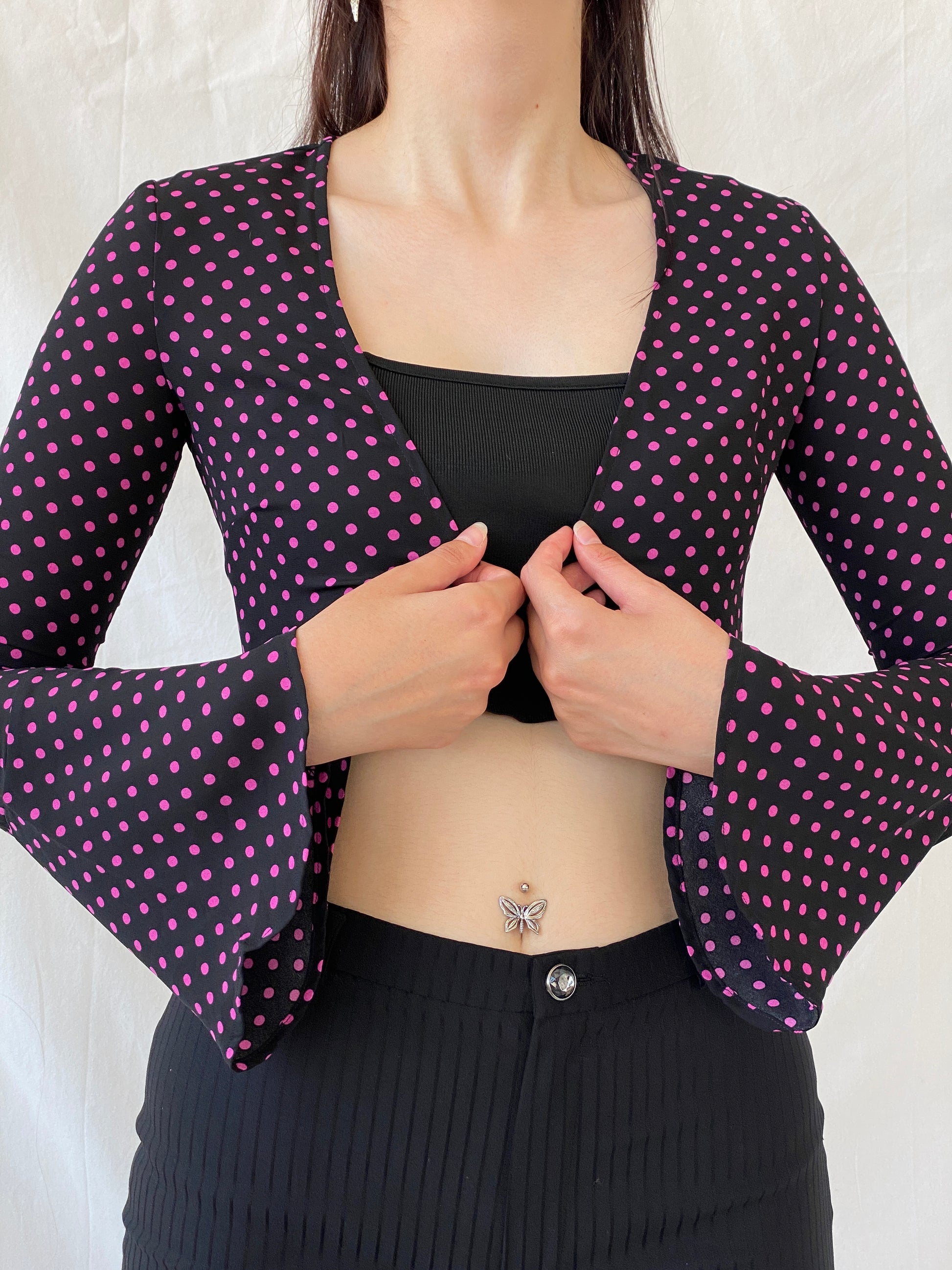 Gorgeous LULU & ROSE Polka Dot Pink Black Long Sleeve Cardigan - 2XS