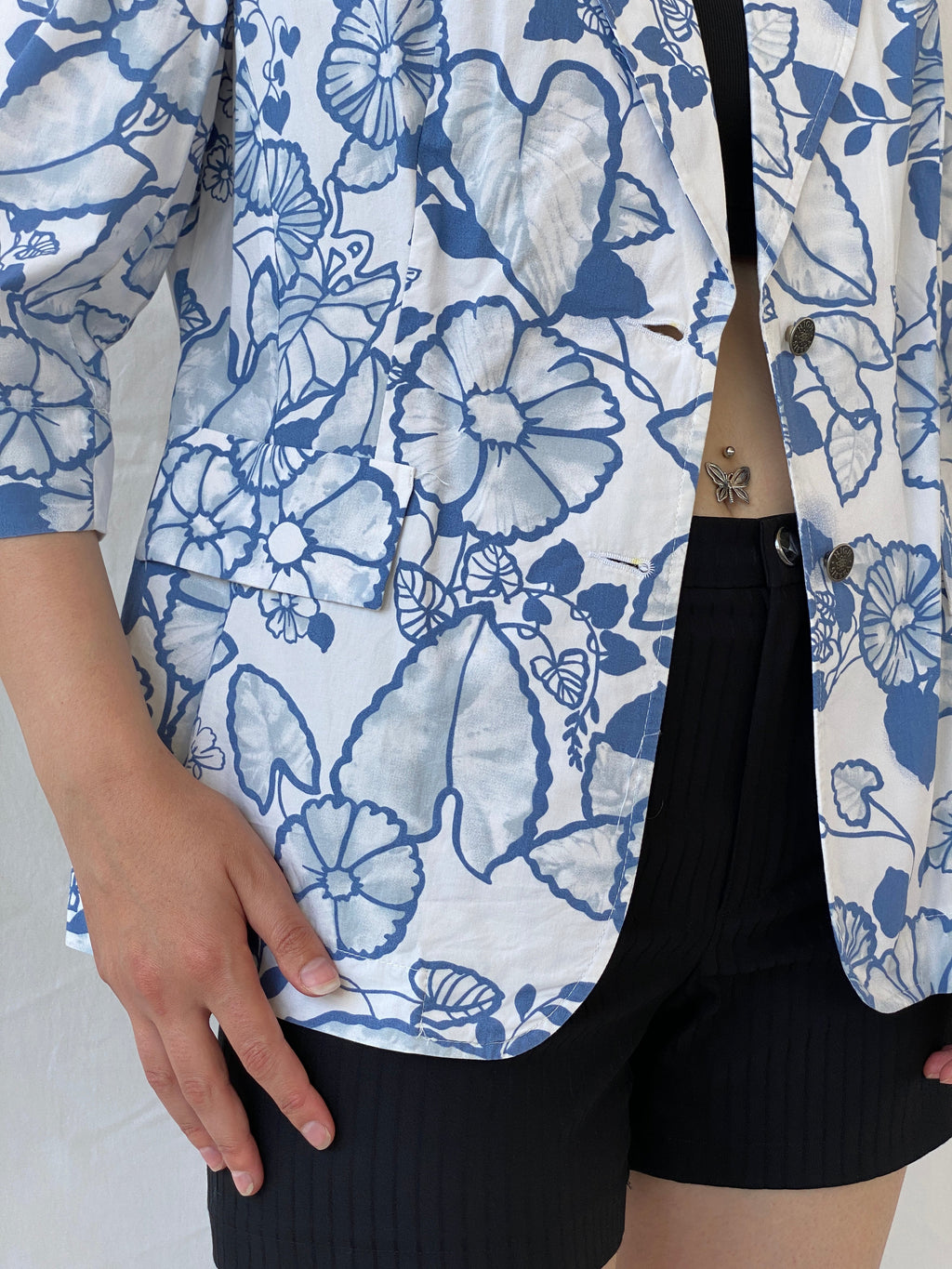 Y2K Nancy Co White Blue Floral Linen Blend Oversized Fit Blazer - L