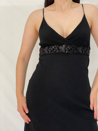 Vintage Y2K Wawa Black Embroidered Empire Waist Midi Slip Dress - L