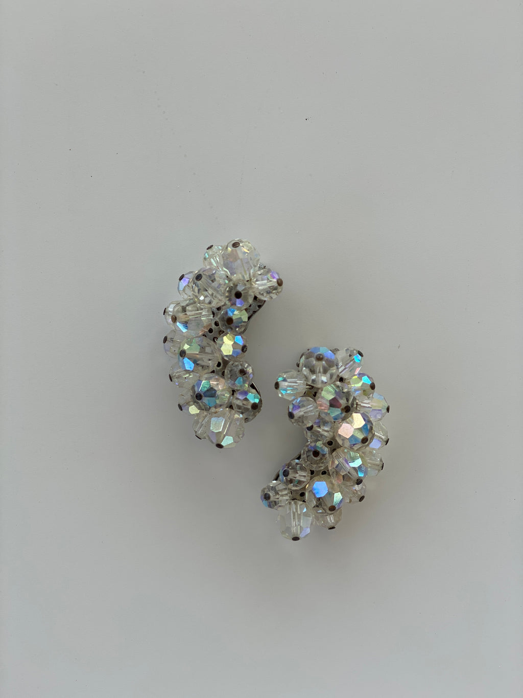 Vintage Silver Tone Crystal Crescent Clip On Earrings