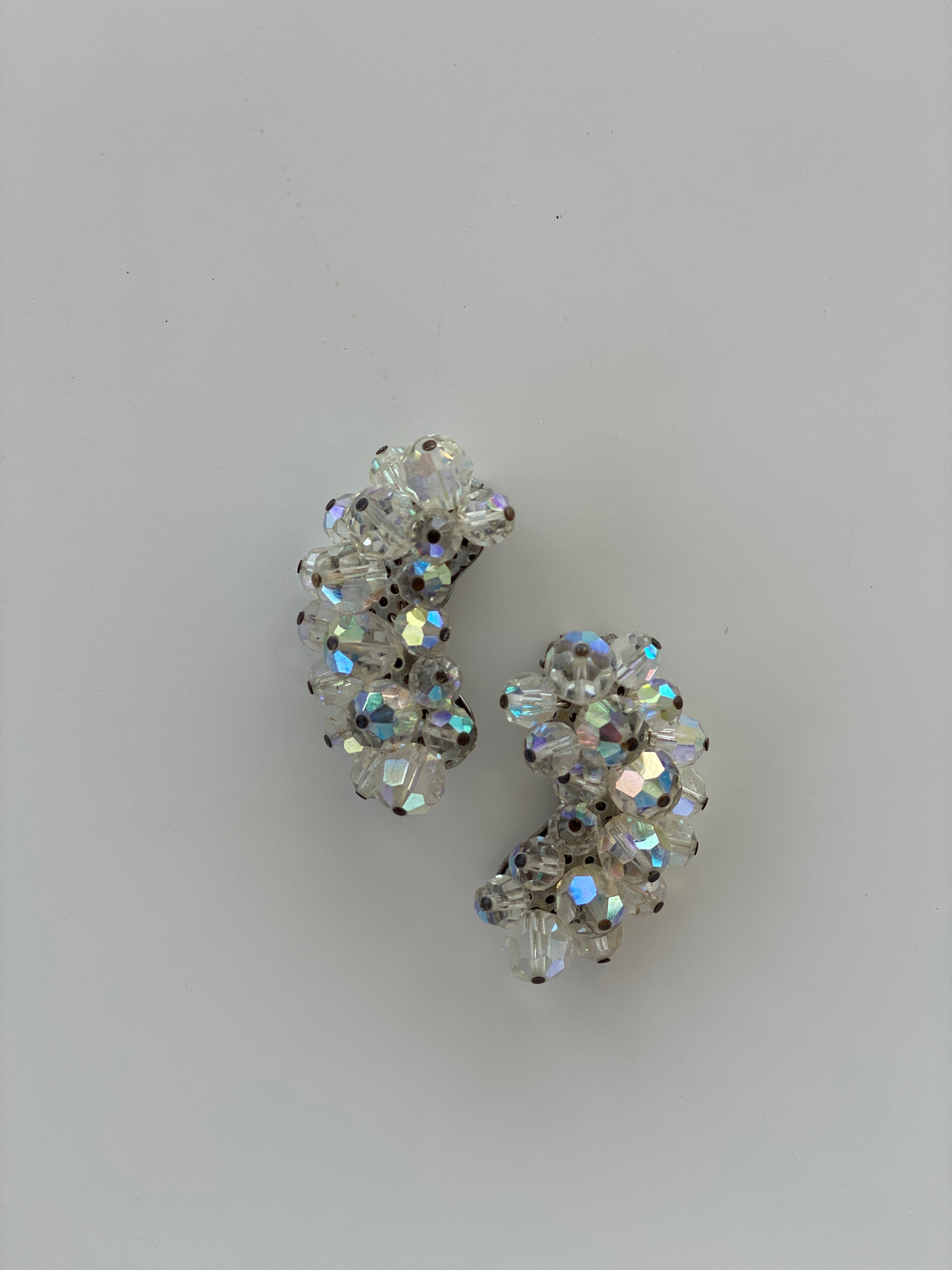 Vintage Silver Tone Crystal Crescent Clip On Earrings