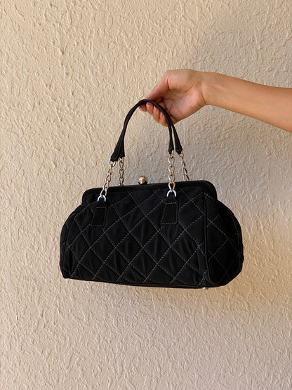 Vera Bradley Black Quilted Purse Microfiber Handbag Silver Chain Handle Frame Ball Lock