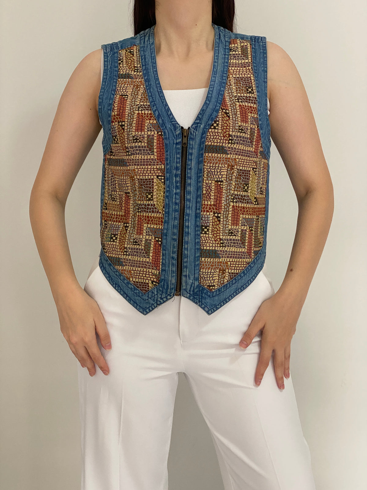 Vintage 90s New Direction Denim & Mosaic Tapestry Zip-Up Vest – M
