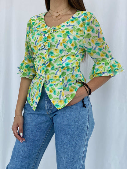 Vintage Floral Green and Yellow Shirt Size S - Balagan Vintage Half Sleeve Shirt floral, floral print, floral shirt, Juana, NEW IN