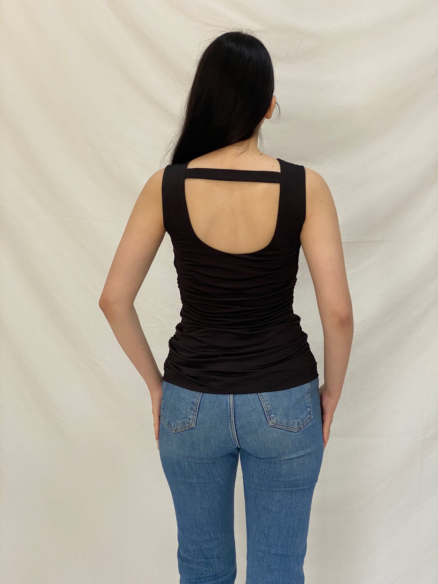 Vintage Y2K Black Ruched Cowl Neck Top Cache Stretch Fitted Open Back - S