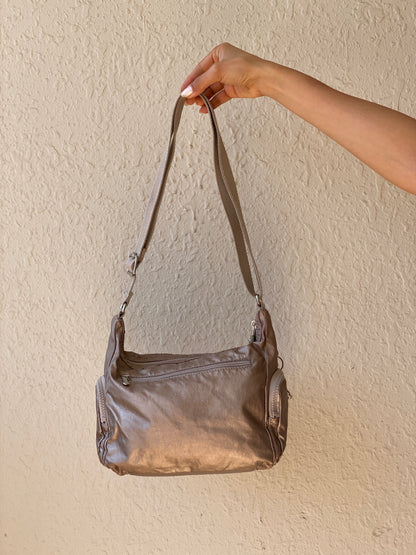 Y2K Kipling Metallic Taupe Nylon Multi-Pocket Crossbody Bag with Monkey Charm