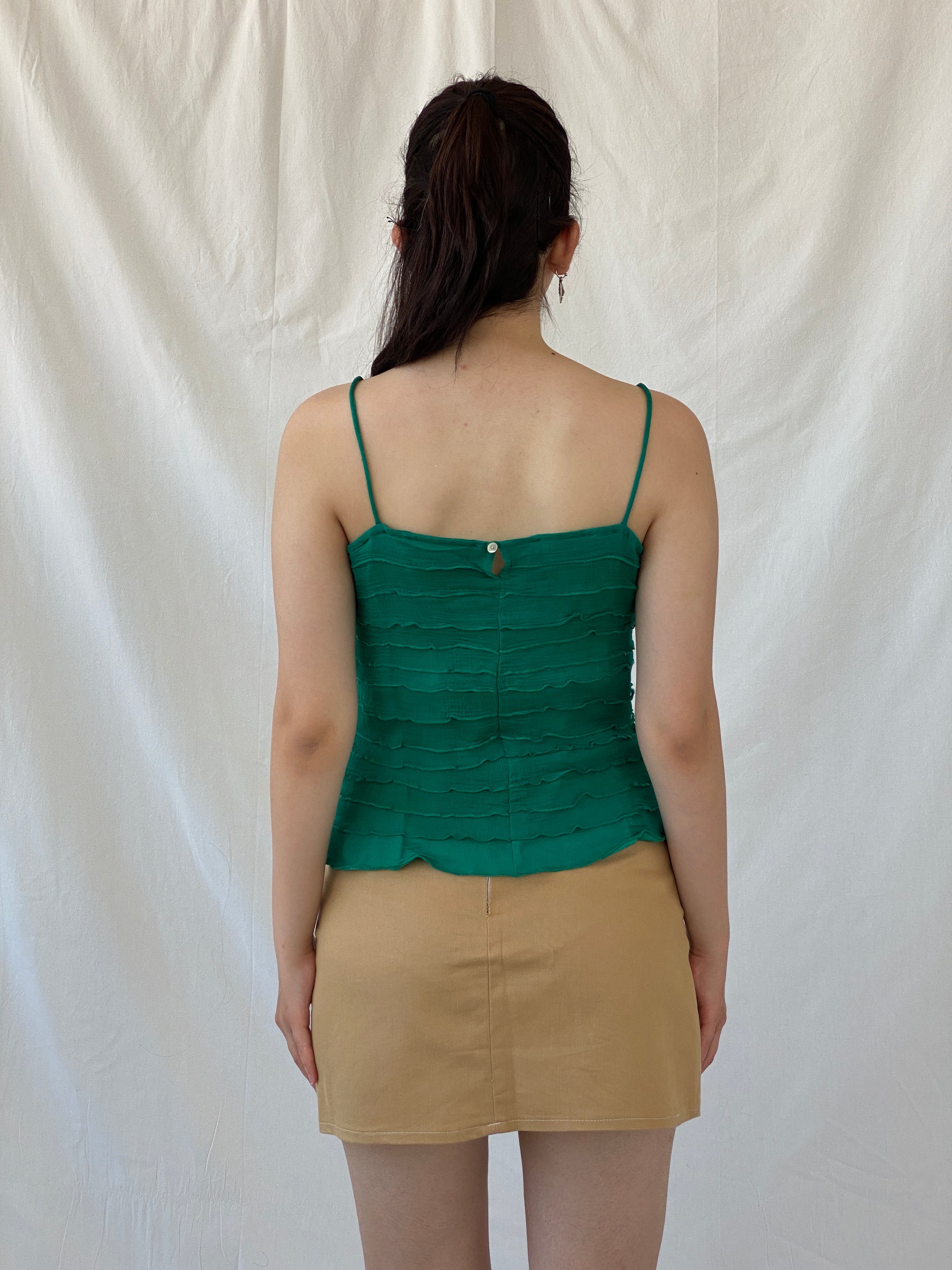 Vintage Wallis Green Ruffle Viscose Cami Top Y2K Party Camisole - L