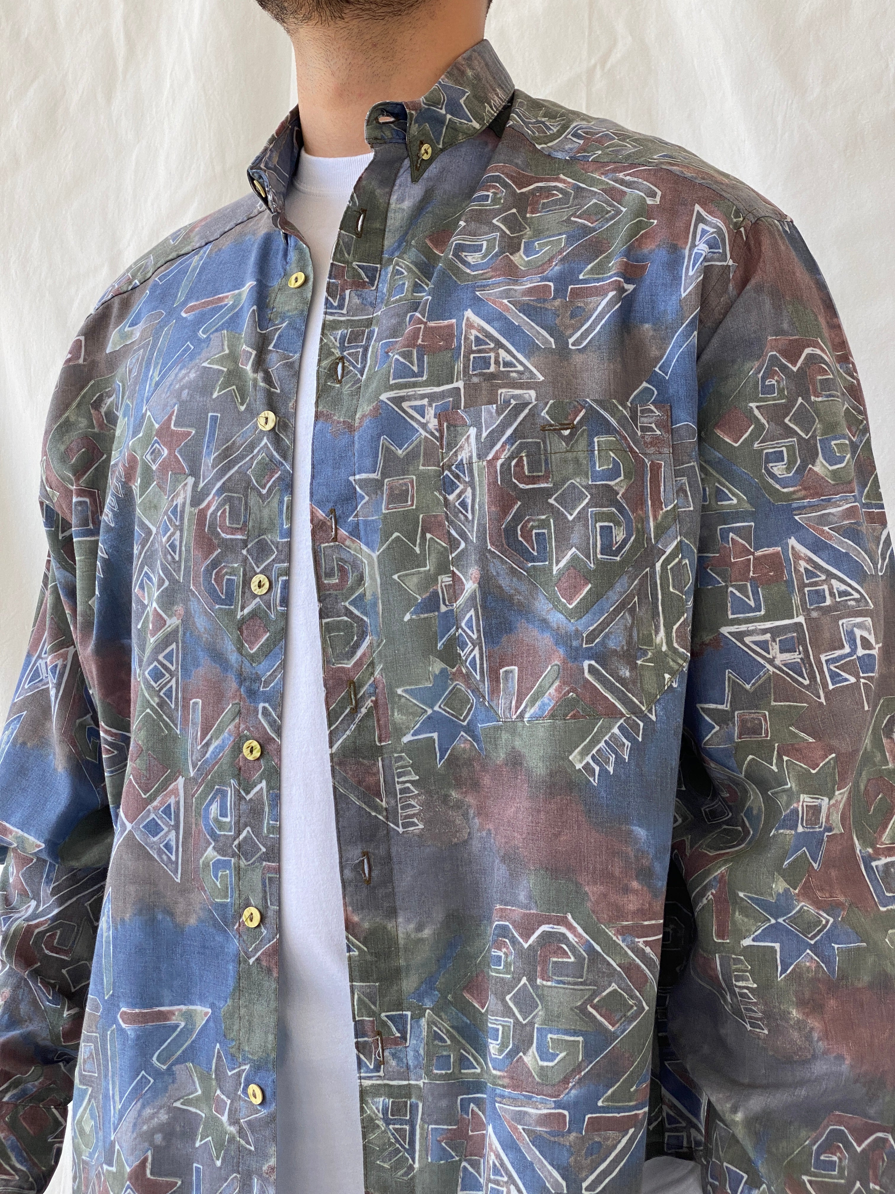 Vintage Ki////092 Clothing Company Men’s Tie-dye Geometric Print Long Sleeve Shirt - XL