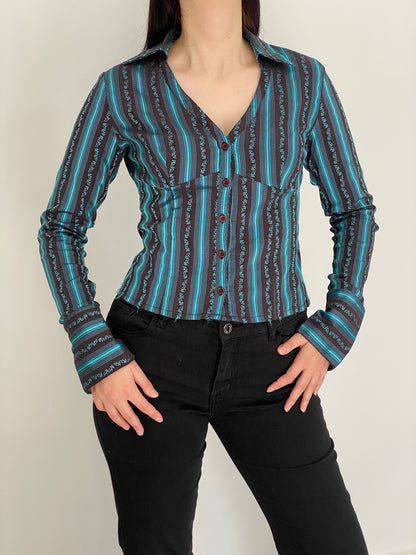 Vintage Y2K Style Turquoise & Brown Striped Fitted Button-Up Shirt - M