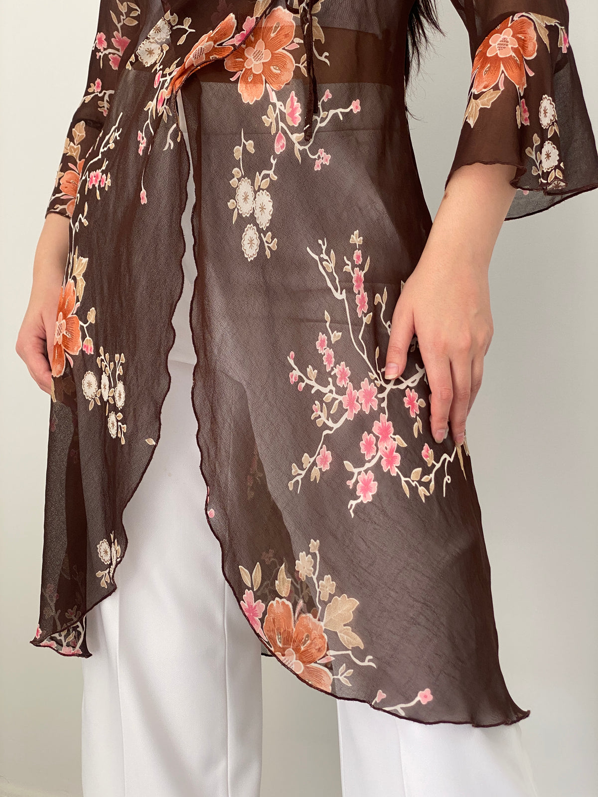 Y2K Une Mode Pour Moi Brown Sheer Floral Wrap Tunic Top – M