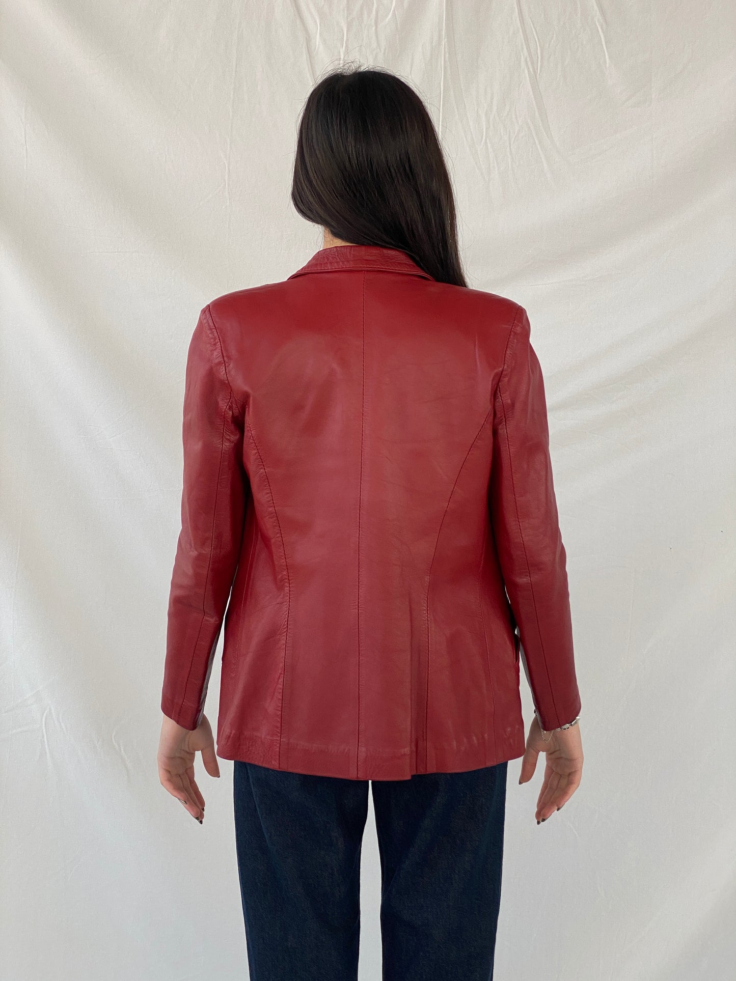 Vintage Lapin Red Genuine Leather Buttoned Blazer Jacket - S