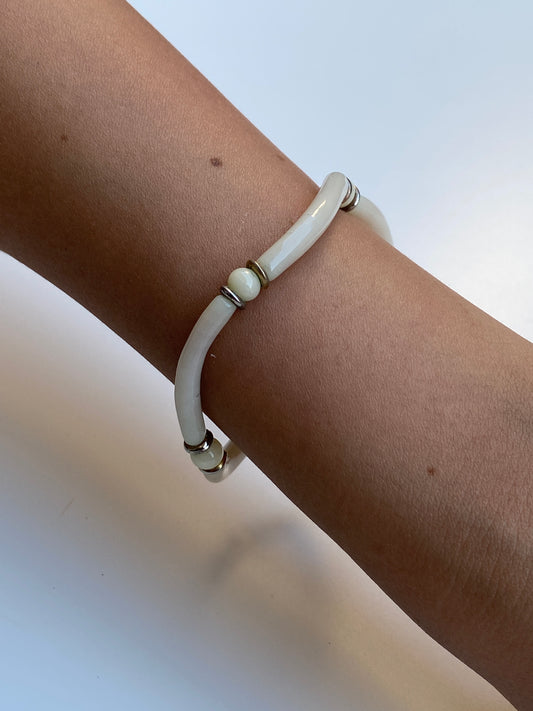 Vintage Ivory Lucite Tube Bead Bracelet with Gold-Tone Clasp Minimalist Retro Bracelet