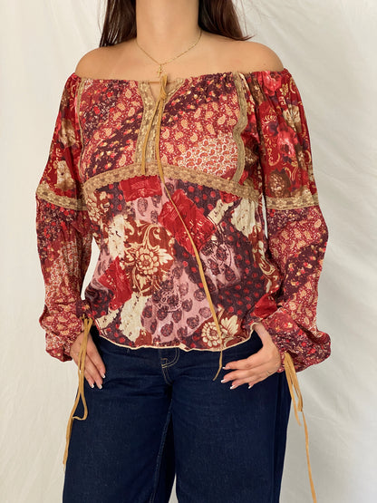 Vintage Y2K Fresh Wear Burgundy Patchwork Cottagecore Peasant Blouse - M