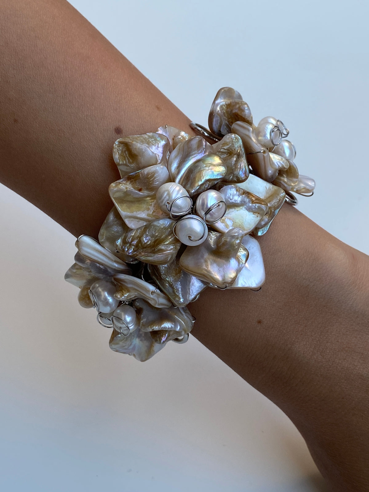 Vintage Mother of Pearl Cluster Cuff Handmade Artisan Shell Bracelet Vintage Mother of Pearl Cluster Cuff Handmade Artisan Shell Bracelet