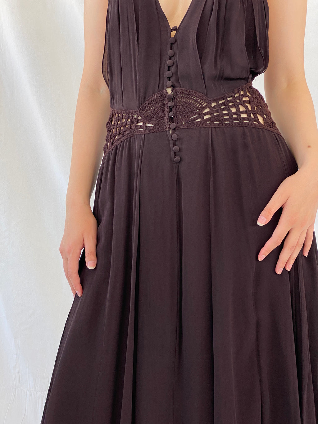 Gorgeous Max Azria Collection Silk Halter Midi Dress with Crochet Waist Detail - M