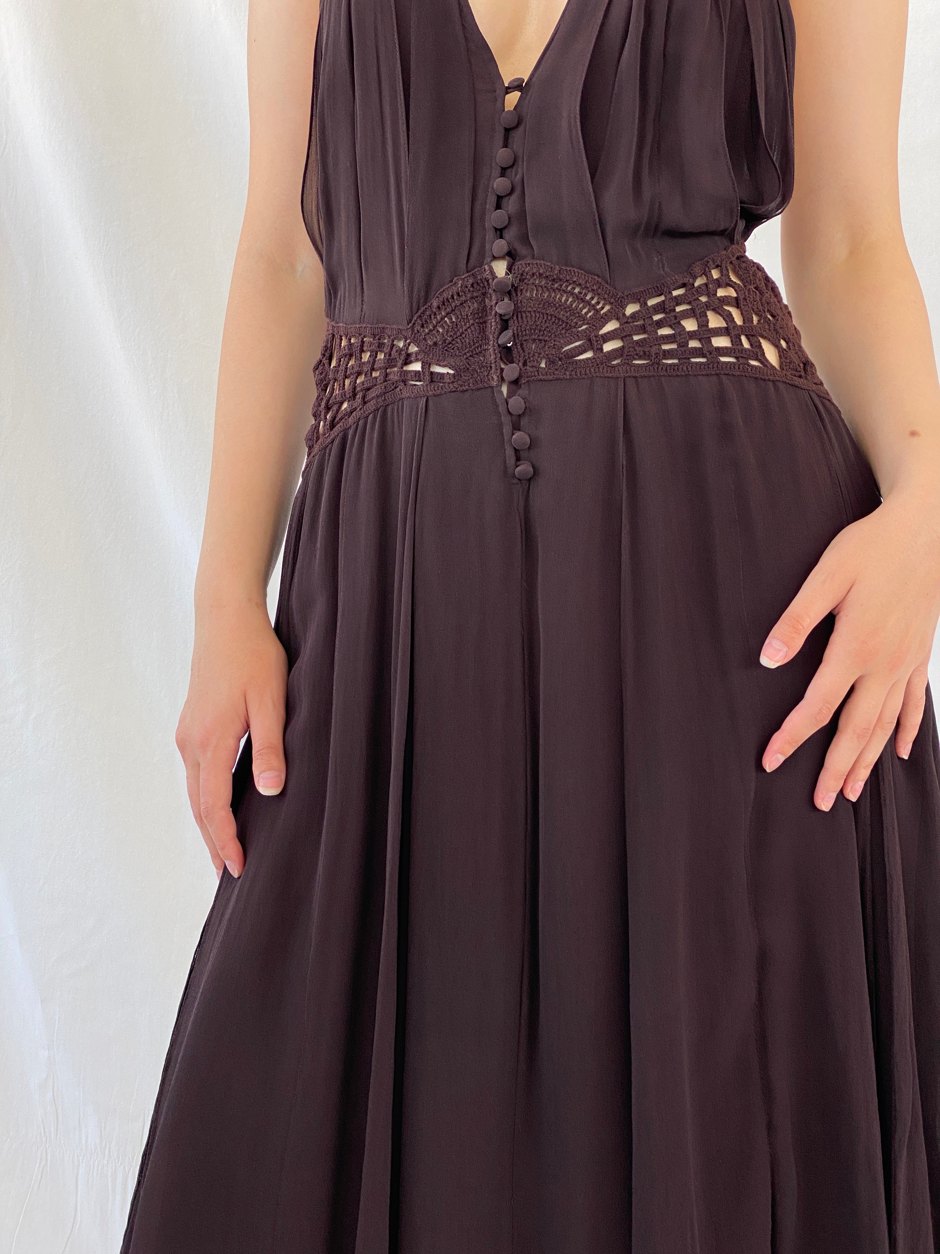 Gorgeous Max Azria Collection Silk Halter Midi Dress with Crochet Waist Detail - M