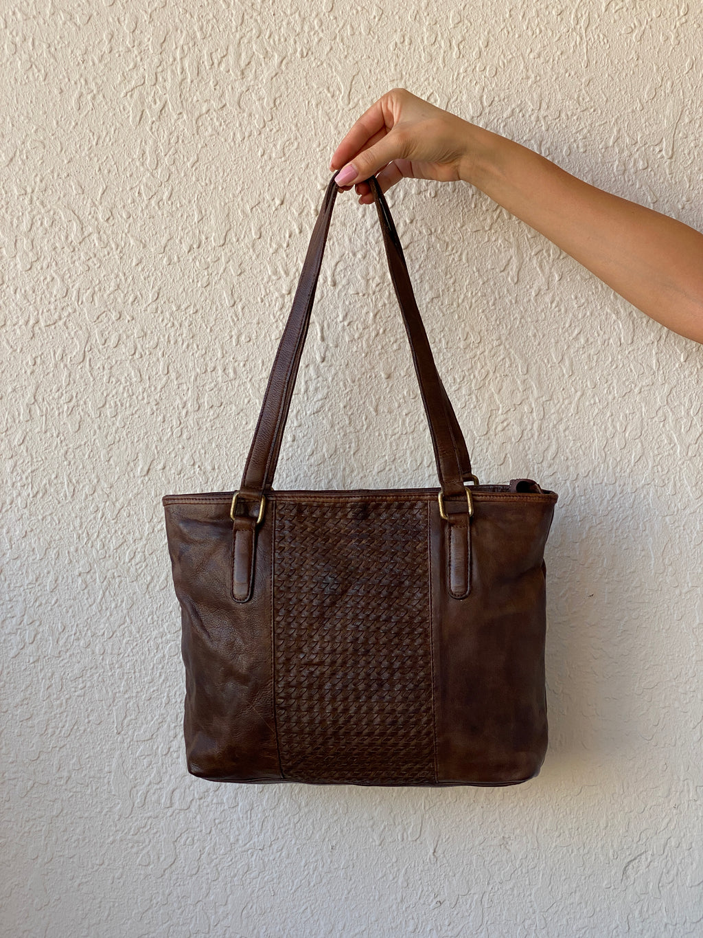 Vintage Distressed Brown Genuine Indian Woven Leather Tote Shoulder Bag