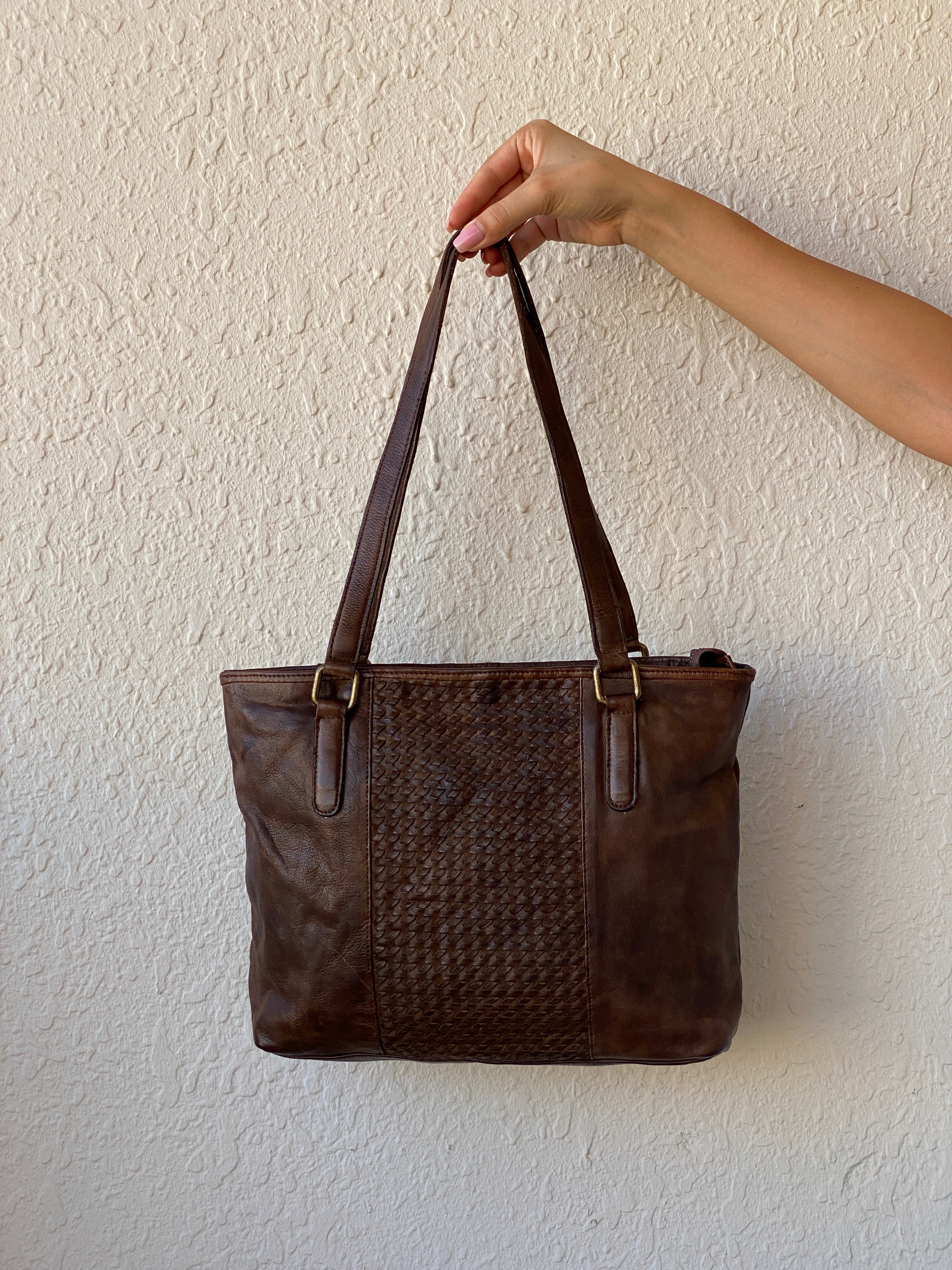 Vintage Distressed Brown Genuine Indian Woven Leather Tote Shoulder Bag