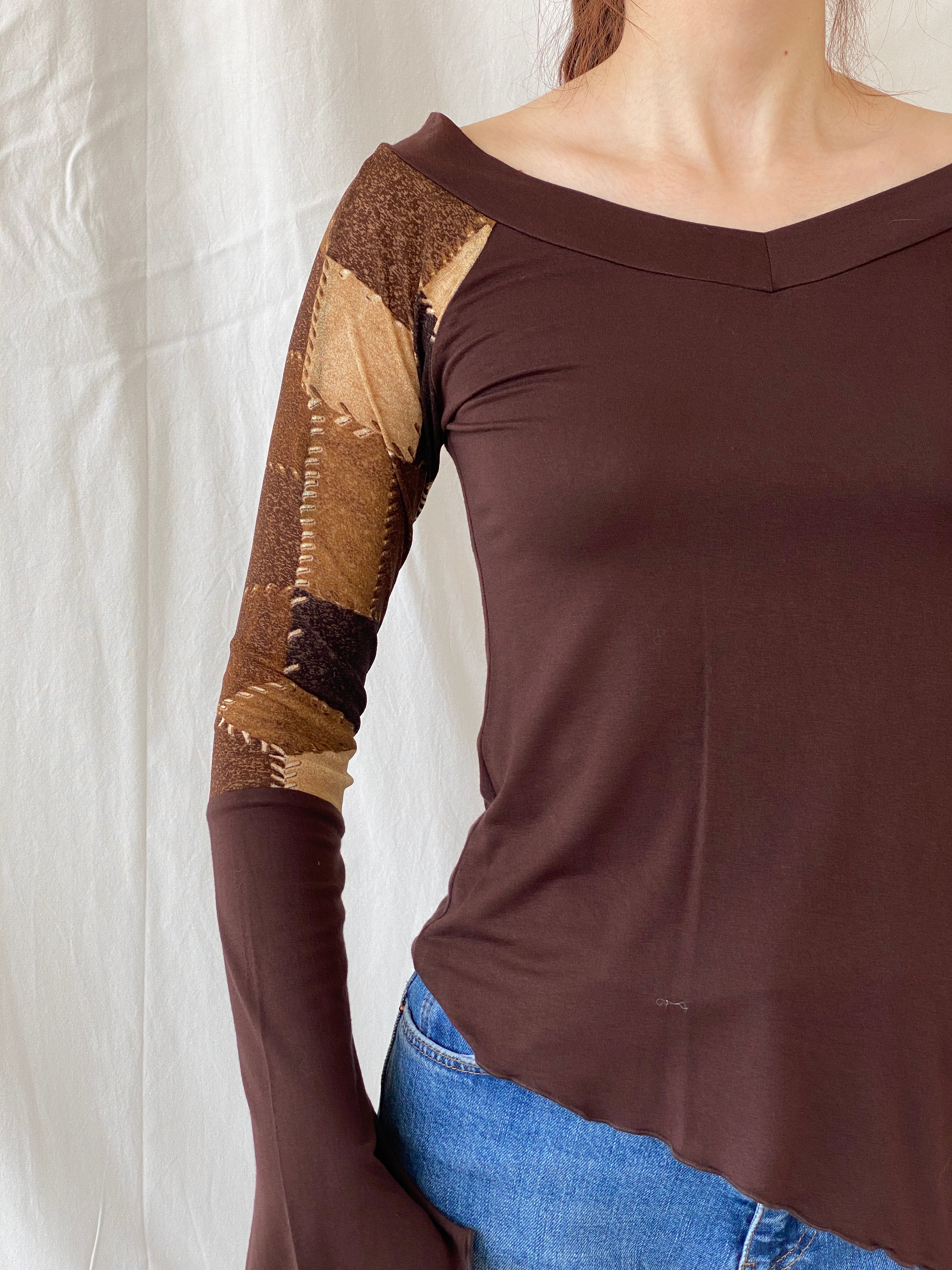 Vintage Natasiana Brown Flared Long Sleeve Asymmetric Women’s Top - S